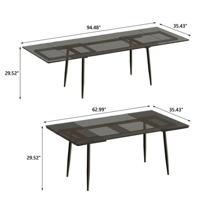 NessCarsti 62.99-94.48" Extendable Dark Tempered Glass Dining Table, Scratch-Resistant Glass Top & Metal Frame, Seats 8-10, Modern Minimalist Dining Furniture for Family & Entertaining