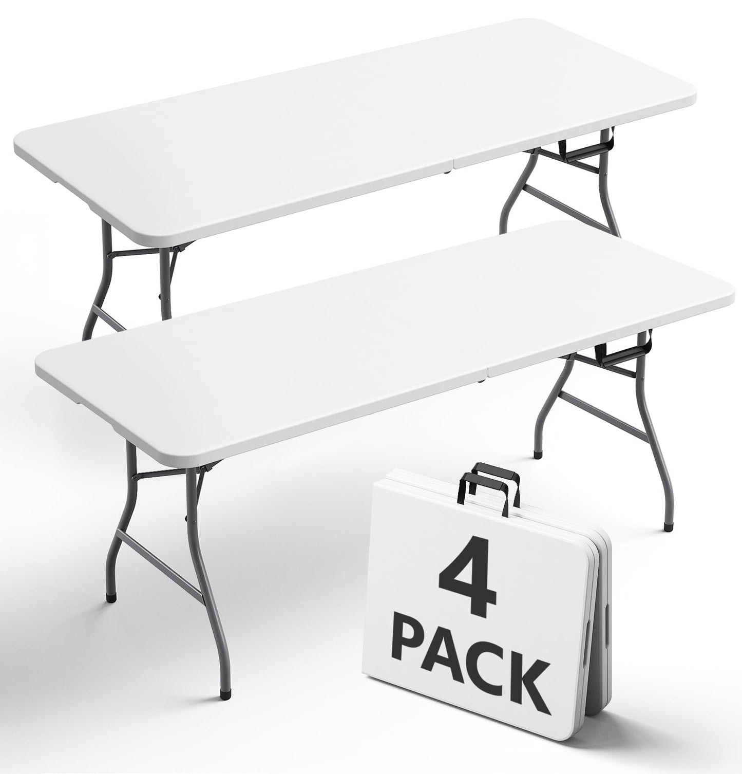 FurniEdge 6FT Folding Table 4 Pack, Heavy Duty Plastic Table with Handel, 400lbs Portable Table, Reinforced Steel Legs, Fold-in-Half Table Ideal for Parties, Picnics, Weddings, Camping White