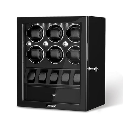 DUKWIN Watch Winder for 6 Automatic Watches,Lockable Watch Winders with Watch and Jewelry Storages, Super Quiet Mabuchi Motor with High-Gloss Piano Lacquer Finish,Built-in Illumination-Black