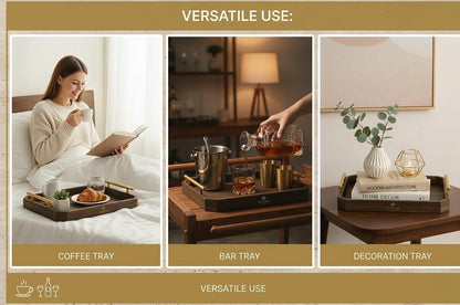 ZEPHINE HOME Luxury Decorative Wooden Serving Trays, Dark Brown Hexagonal Design with Gold Handles, 18x12 in/13.7x8.8 in, Modern Ottoman Tray Set of 2 for Coffee Table, Bar, Home Decor, Serving