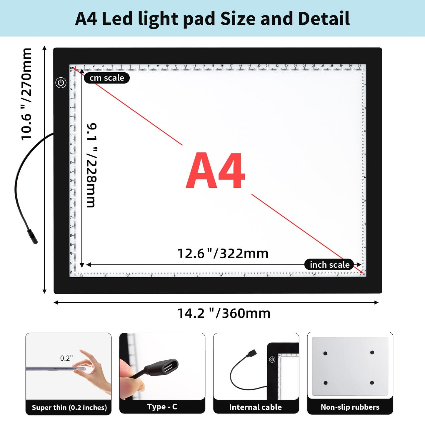 Zocelight A4 Light Pad for Diamond Art Kits for Adults,0.2" Ultra Thin Light Board with Stand and Clip for Diamond Painting Accessories,3 Levels Dimming Light Box for Drawing,Sketching,Animation