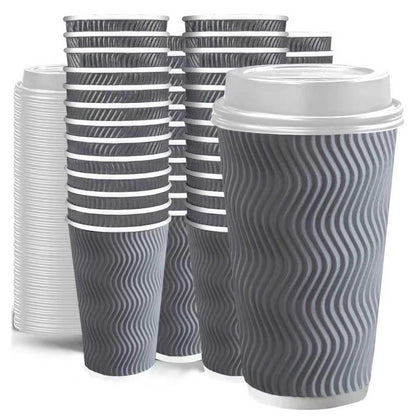 LEAGIM 100 Set - 16 oz Coffee Cups with Lids, Disposable Insulated Corrugated Paper Cups, Double Wall Ripple To Go Cups for Hot Drinks, Chocolate, Cocoa (Grey)