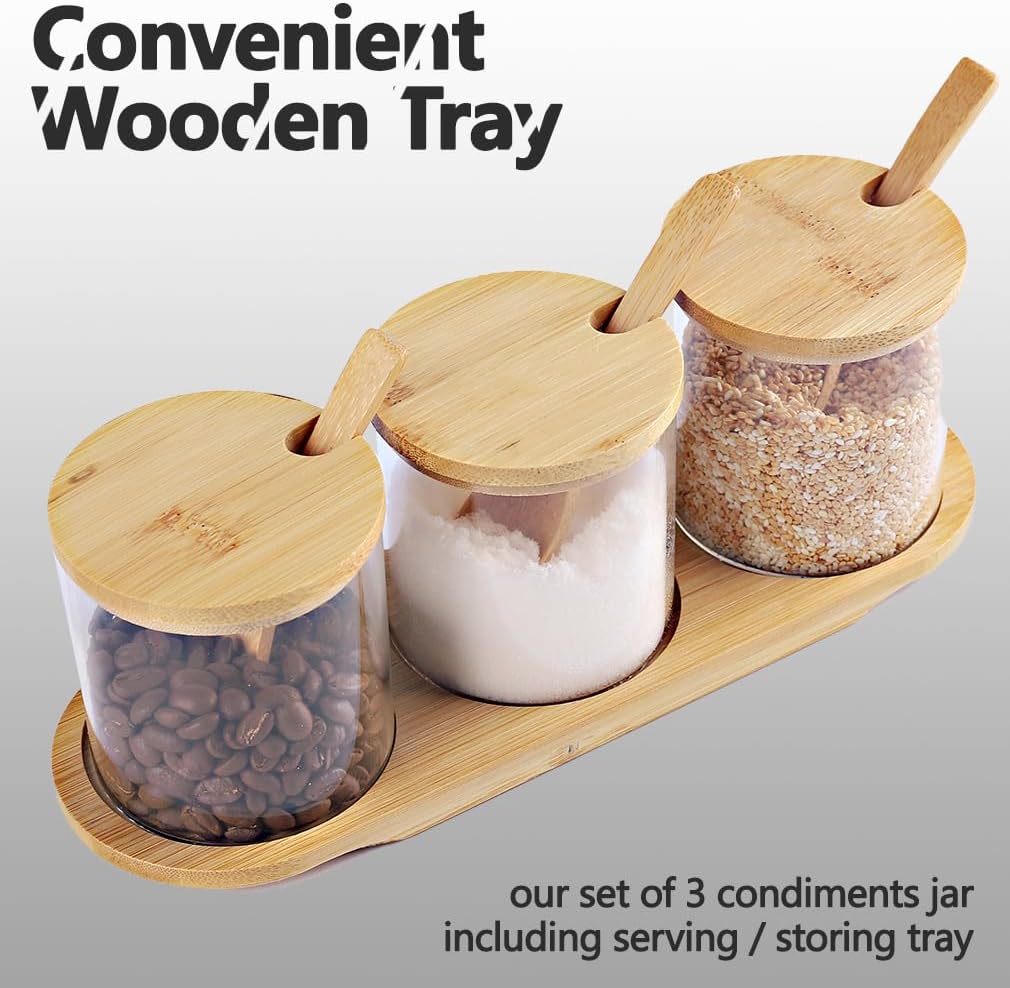 Glass Condiments Container-Seasoning Box with Spoons for Spice Salt Sugar Cruet (3P)