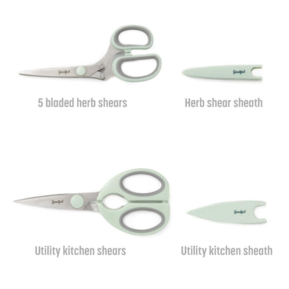 Goodful Utility Kitchen Shear and 5-Blade Herb Shear Set, Premium Stainless Steel Blades with Protective Guards, Comfort Grip Handles, Built-in Herb Shear Cleaning Comb, 2-Piece Set, Sage Green