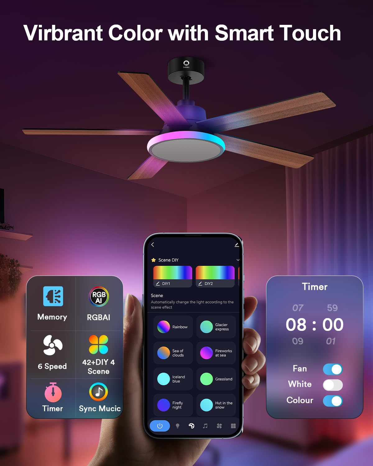 Lumary 52'' Smart Ceiling Fan with RGBAI Lights Remote, WiFi Bluetooth Low Profile Ceiling Fan with Alexa Google App, Dimmable & Color Tuning, 46 Scene, Modern Flush Mount for Bedroom Living Room