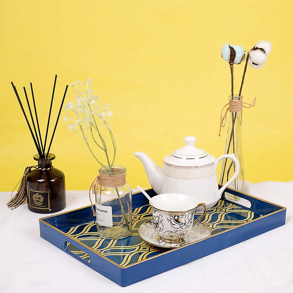 15.7" 10.2" 1.57" MAONAME Blue Decorative Tray with Handles, Plastic Serving Tray for Coffee Table, Marbling