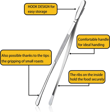 JETKONG Stainless Steel Kitchen Cooking Forceps, 2 Pieces Long Food Tweezers, Kitchen Tweezer Tong Tongs