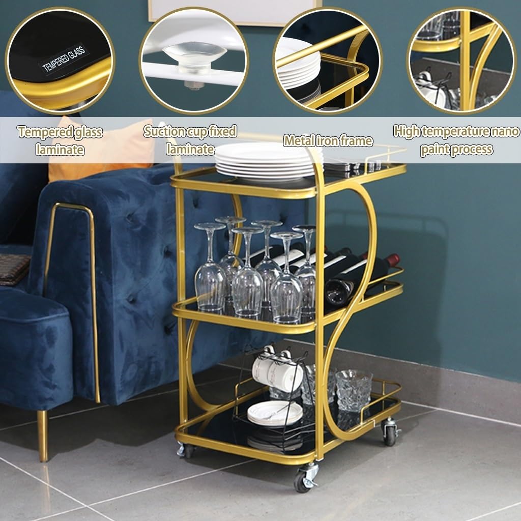 FGQuelleBM Nordic 3-Tier Serving Cart, Minimalist Mobile Snack with Handles & Wheels, Glass Top & Metal Frame for Office/Kitchen(Gold Black,84 * 45 * 34cm)