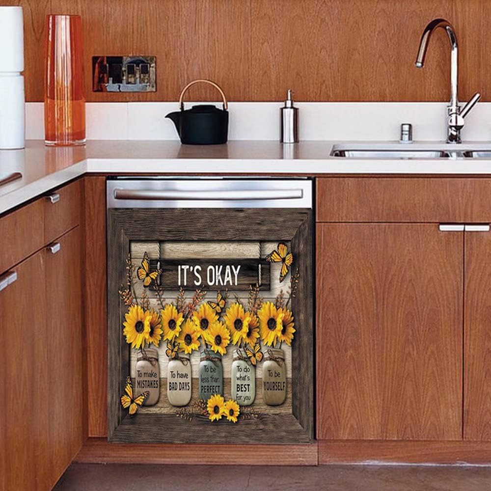 Sunflower Magnetic Dishwasher Cover - Butterfly Dishwasher Magnet, Kitchen Faith Flowers Panel Decal