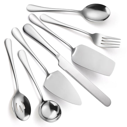 A · HOUSEWARE Serving Utensils 7 Pieces Stainless Steel Flatware include Cake Knife Server Large Spoon Spatula Big Fork Pefect For Festival Parties Buffet Catering Silverware