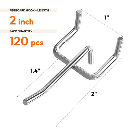 JEAWIWI 120 Pack 2 Inch Metal Pegboard Hooks, Fit 1/4 in and 1/8 in Peg Board Organizer Accessories, for Hanging Storage, Garages, Tool Sheds, Basements
