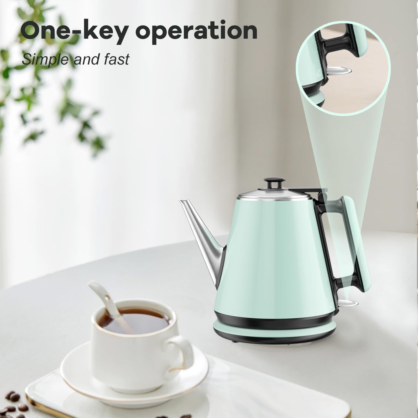 Small Electric Kettle 0.9L, 304 Stainless Steel Inner, 1000W Fast Boiling in 4-6 Mins, Vintage Compact Design with One Key Operation, Auto Shut Off, Dry Boil Protection, for Home, Office, Coffee Etc.