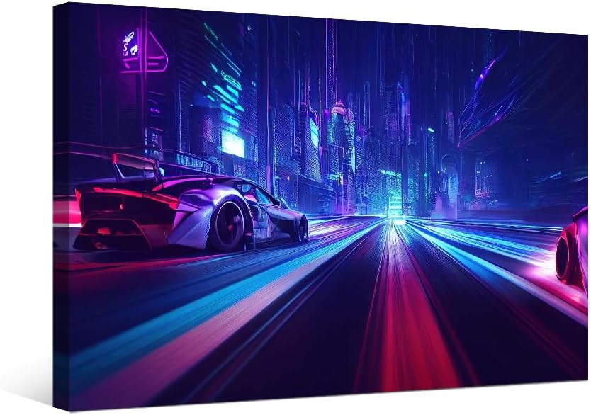 LSIUHWUWI Cyberpunk Style Pictures, Neon Streetview Night Paintings, Canvas Wall Art, 16X24 INCH Ready to Hang