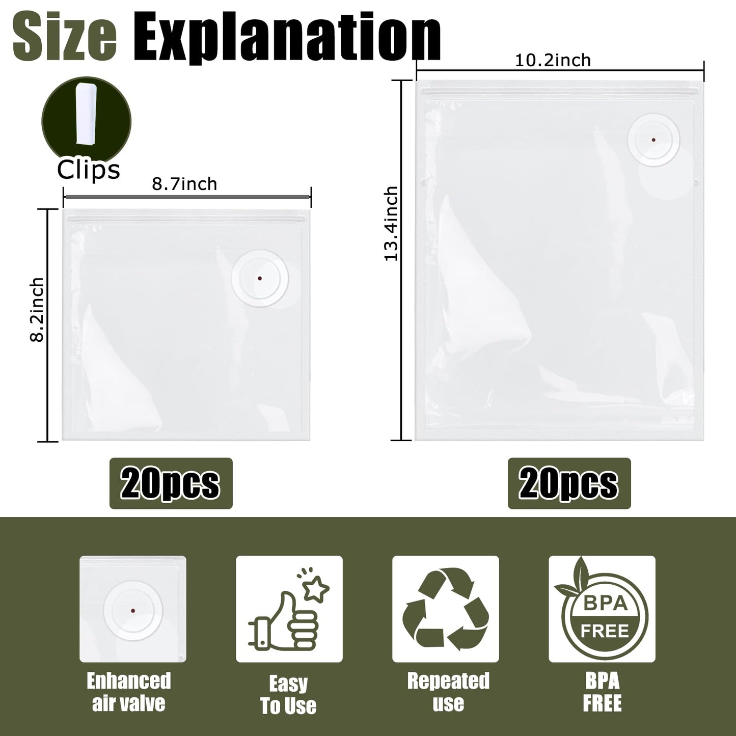40PCS Reusable vacuum seal bags for food - 20PCS Large (13.4×10.2") And 20PCS Small (8.3×8.7") Compact Vacuum Sealer Bags, Leak-Proof Odor-Resistant for Refrigerator Outdoor Travel Food Storage
