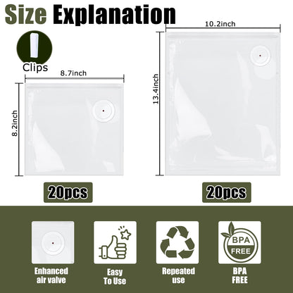 40PCS Reusable vacuum seal bags for food - 20PCS Large (13.4×10.2") And 20PCS Small (8.3×8.7") Compact Vacuum Sealer Bags, Leak-Proof Odor-Resistant for Refrigerator Outdoor Travel Food Storage