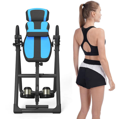 Folding heavy-duty inversion table with a capacity of 330 lbs, with removable shoulder rest and lumbar support