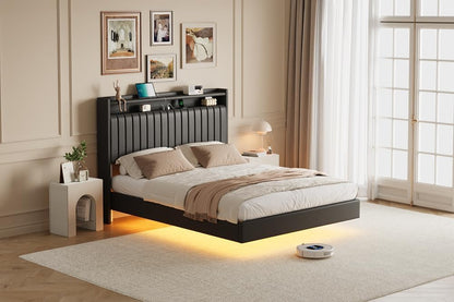 IDEALHOUSE Queen Floating Bed Frame with LED Lights and Storage Headboard, Bed Frame with Modern Minimalist Style for Bedroom/Vacation Home,Silent & No Box Spring Required,Easy to Assemble,Black