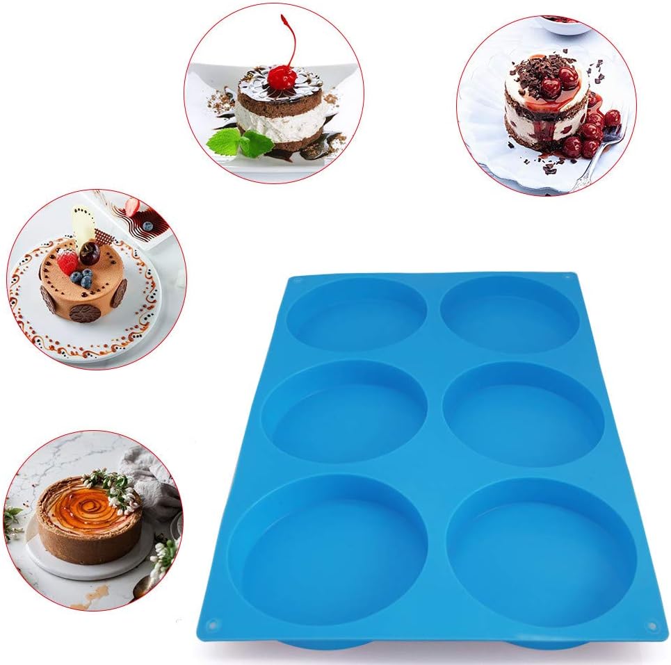 6-Cavity Large Silicone Cake Molds - Non-Stick Round Disc Mousse Cake Pan, French Dessert, Candy, Soap (Blue)