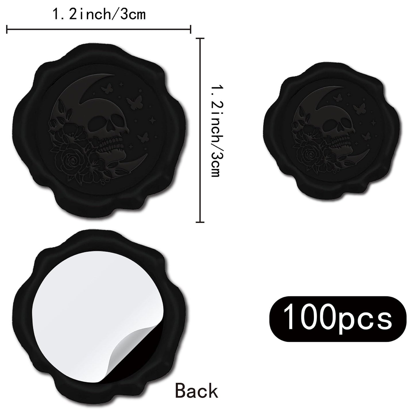 CRASPIRE 100pcs Skeleton Wax Seal Stickers - Black Moon Rose Butterfly Gothic Decoration Adhesive Envelope Sealing Stickers for Halloween Birthday Gift Party Craft