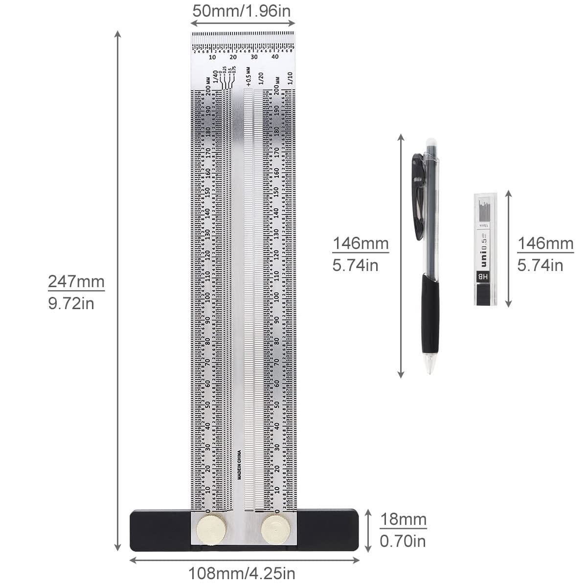 Smgda Precision Marking T-Rule Stainless Steel T Square with Mechanical Pencil & 0.5mm Refill Scribing Line Ruler for Marking or Measuring, for Carpenters, Designers, Architects, Engineers 200mm