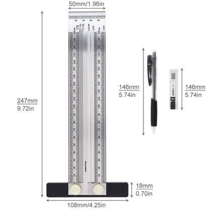 Smgda Precision Marking T-Rule Stainless Steel T Square with Mechanical Pencil & 0.5mm Refill Scribing Line Ruler for Marking or Measuring, for Carpenters, Designers, Architects, Engineers 200mm
