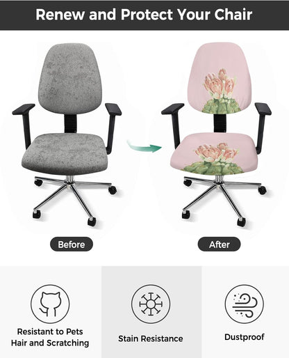 Cactus Computer Office Chair Cover, Red Flower Blossom, Stretchable Desk Chair Covers, Soft Polyester Universal