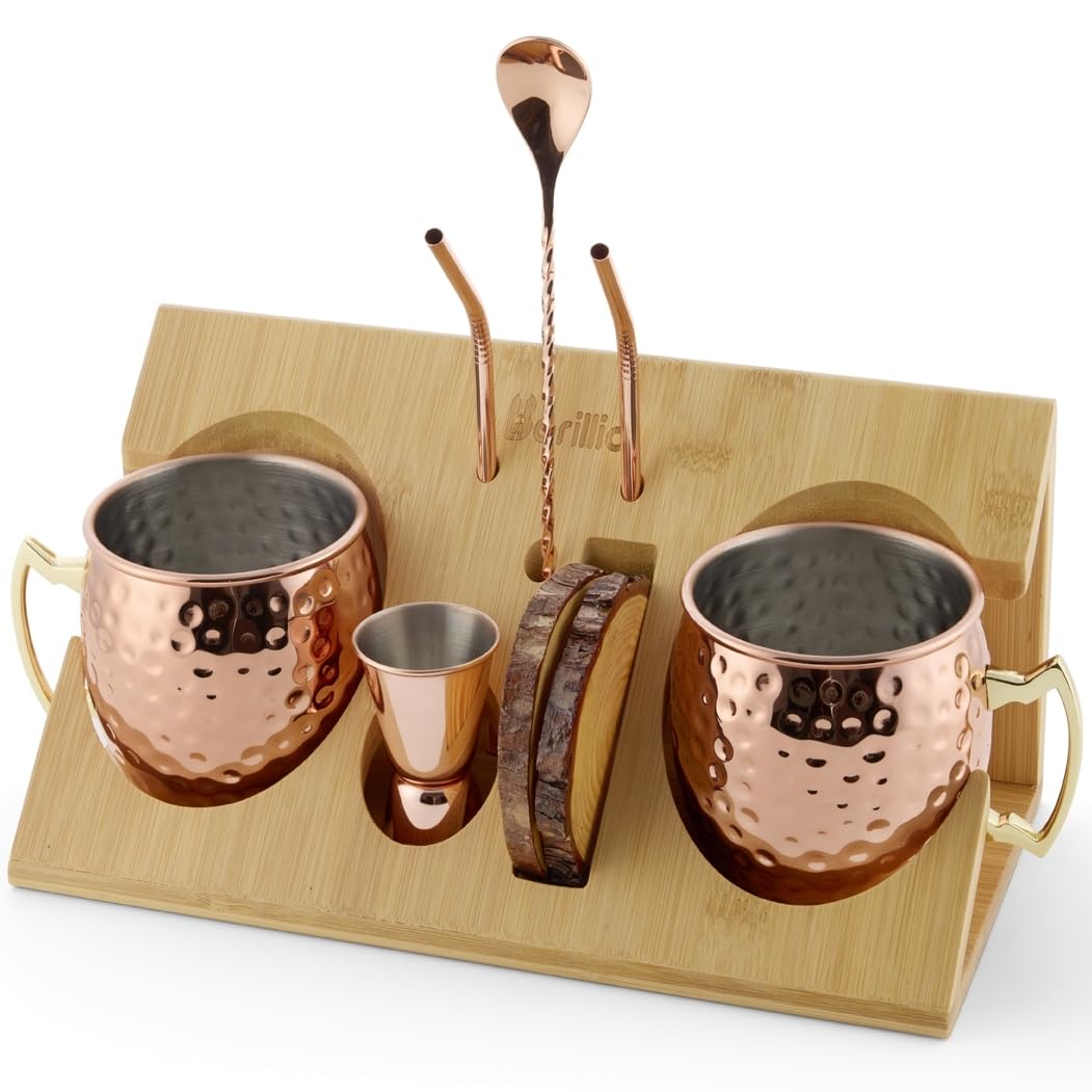 Barillio Moscow Mule Mugs Set - 2 Stainless Steel, Copper-Plated Cocktail Mugs with Bamboo Stand - Food-Safe, Moscow Mule Kit with Copper Cups, Drinking Straws and Mixing Spoon - 2 x 18 Oz