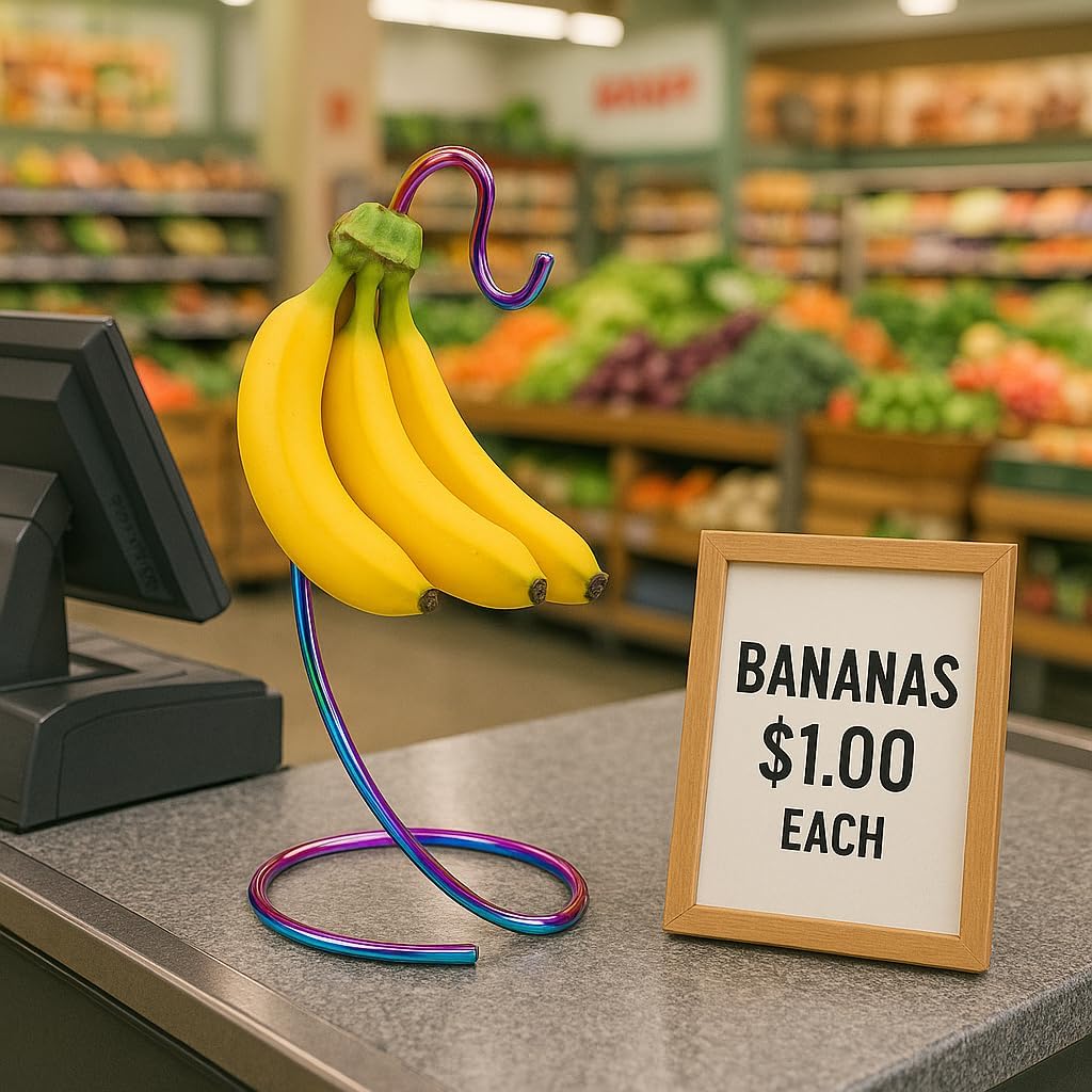 Rainbow Steel Banana Holder Stand – Hanging Fruit Rack for Even Ripening, Prevents Bruising – Compact 13" Kitchen Organizer for Bananas, Grapes, Produce – Durable & Decorative