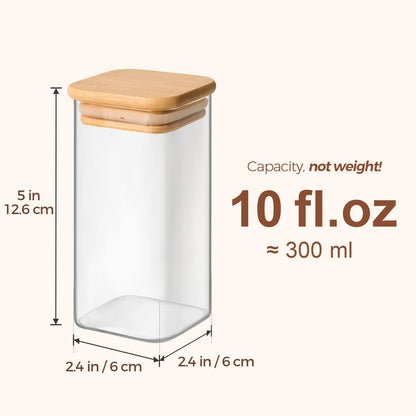 ComSaf 16Pcs Spice Jars with Labels, Glass Jar witj Bamboo Lid, 10oz Airtight Square Containers with Black Lables, Empty Seasoning Jars for Spice, Salt, Pepper, Sugar