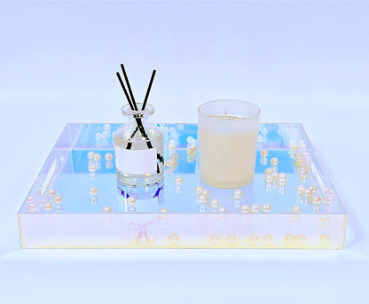 12X9 Inch Countertop, ROYALITA Iridescent Acrylic Tray with Handles, Serving Tray Spill Proof, Perfume Decorative Tray