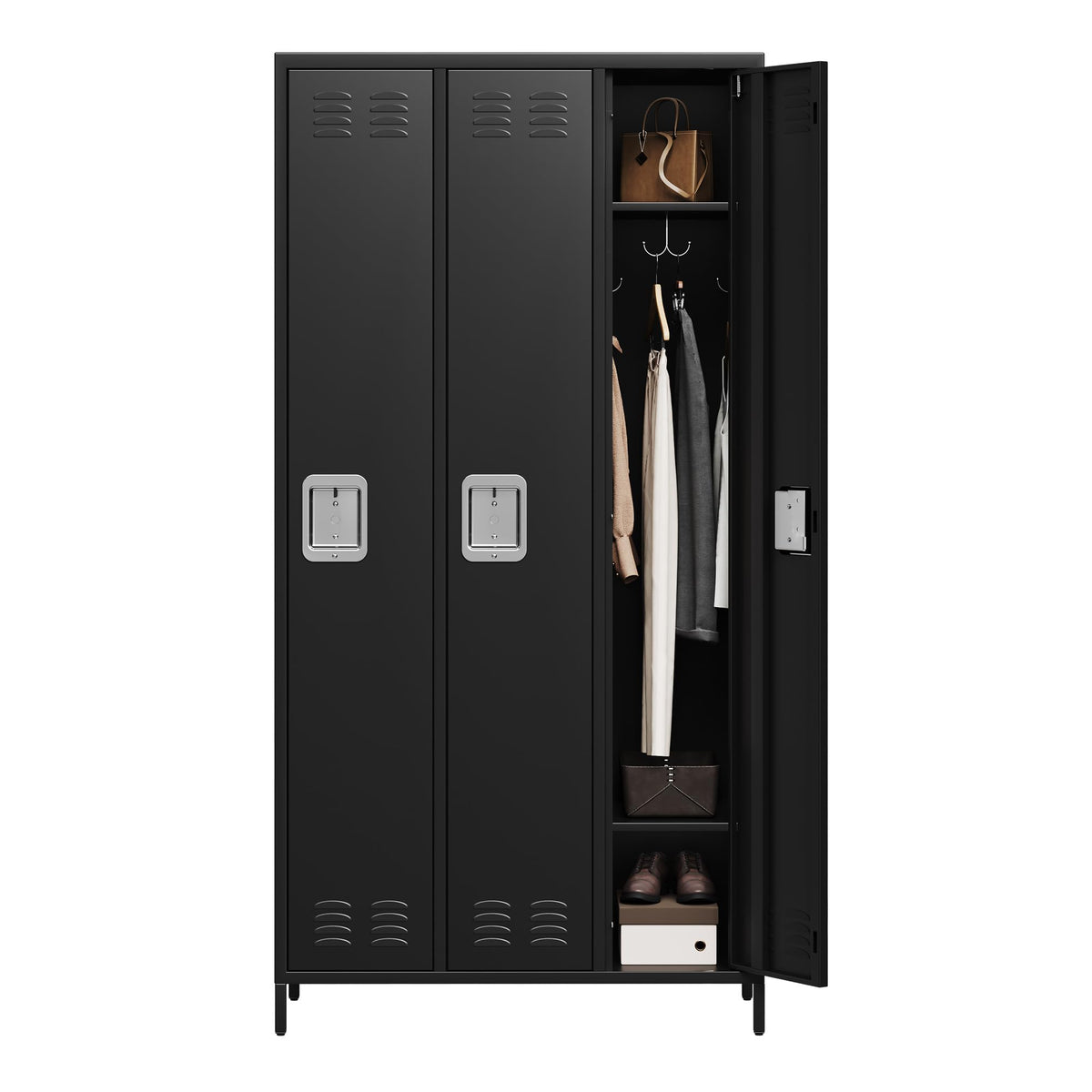 GAOMON Metal Lockers - 3 Doors Lockable Storage Locker, Sturdy Steel Cabinet with Shelves, Space-Saving Design for Home, Gym & Fire Department, Black