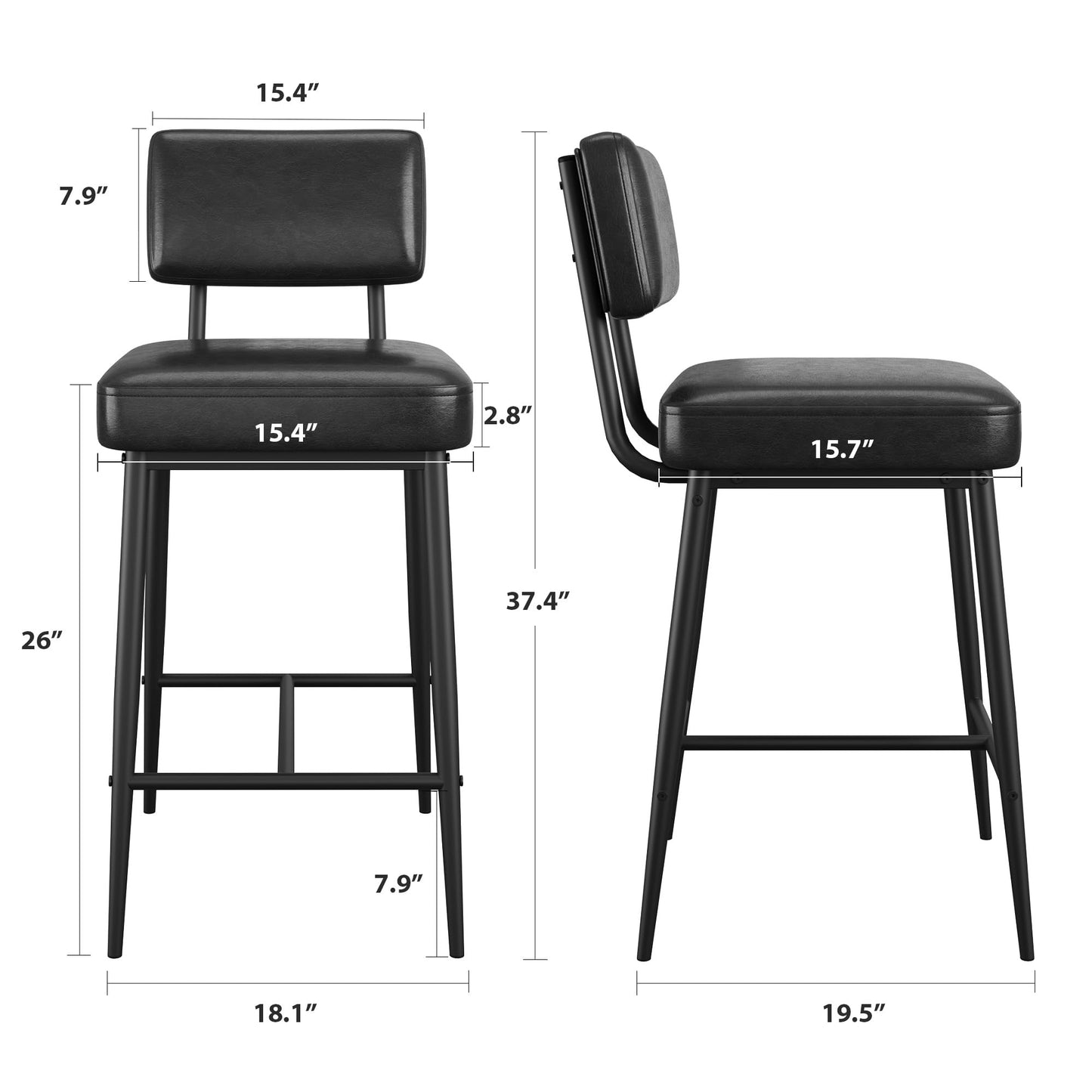 GarveeHome Bar Stools Set of 4, 26" Black Faux Leather Counter Height Bar Stools with Backs, Modern Upholstered Barstool Chairs with Metal Legs for Kitchen Island, Home Bar, Dining Room