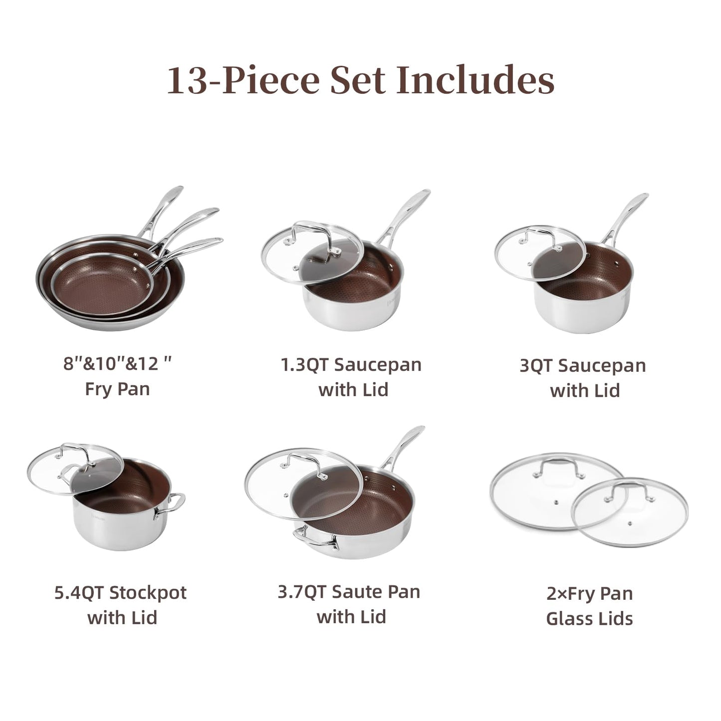 Deluxe 13 Piece Hybrid Ceramic Nonstick Cookware Set-5 PC Frying Pan Set, 6 PC Pot Set, 3.7QT Deep Sauté Pan, Induction Ready, PFOA Free Compatible with All Cooktops for Home Daily Cooking (Burgundy)