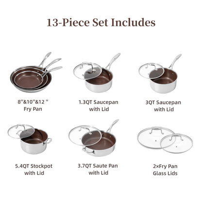 Deluxe 13 Piece Hybrid Ceramic Nonstick Cookware Set-5 PC Frying Pan Set, 6 PC Pot Set, 3.7QT Deep Sauté Pan, Induction Ready, PFOA Free Compatible with All Cooktops for Home Daily Cooking (Burgundy)