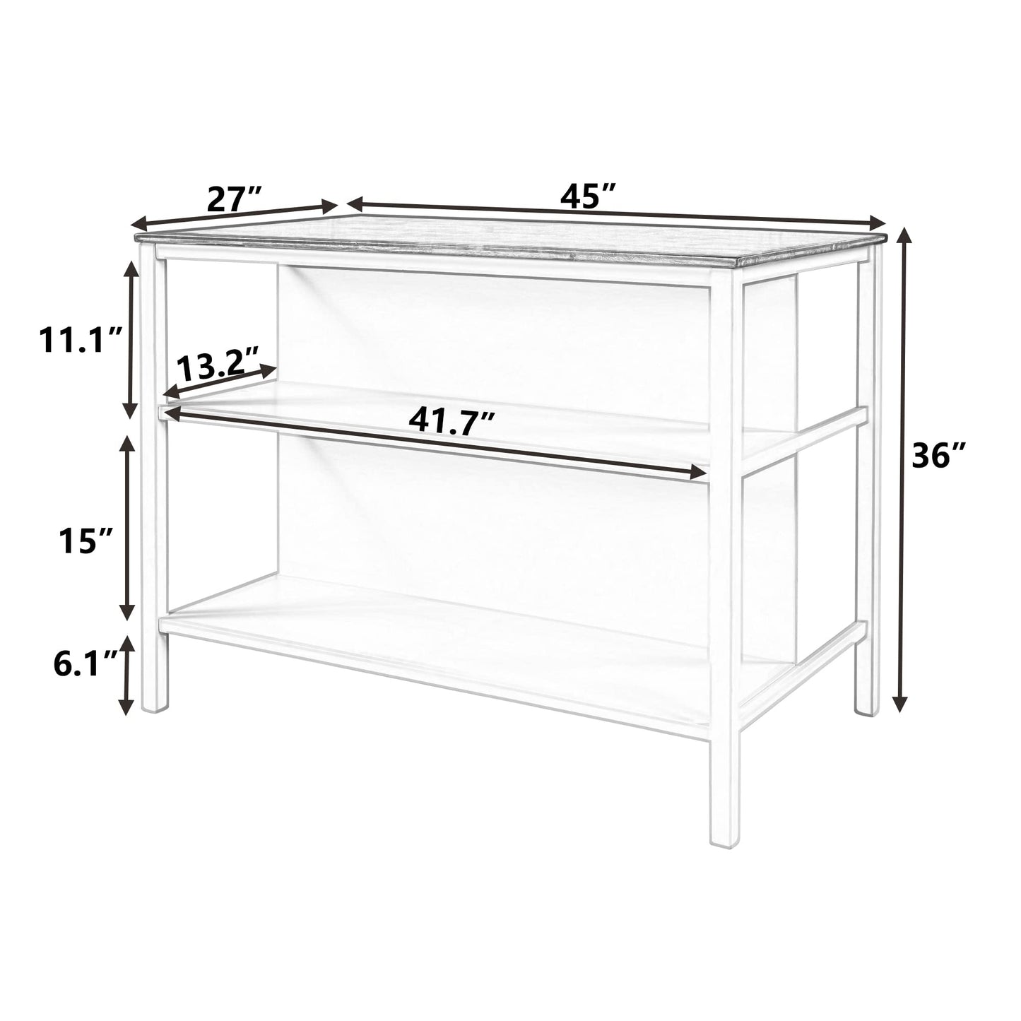Ball & Cast 45" Solid Wood Rustic Stationary Kitchen Island,with 2 Shelves,Rubber Butcher Block Dining Table w/Shelf Half Full Open Side,for Dorm,Apartment,Walnut