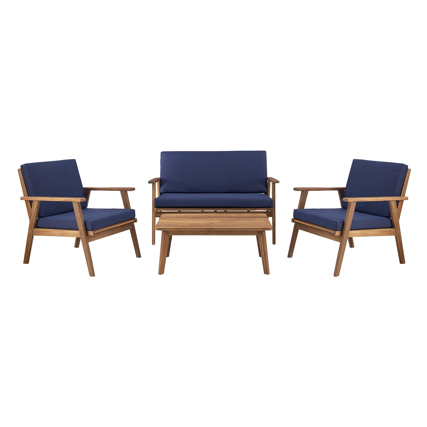 Linon Rosemary Solid Acacia Wood Four Piece Outdoor Chat Set with Blue Removable Cushions