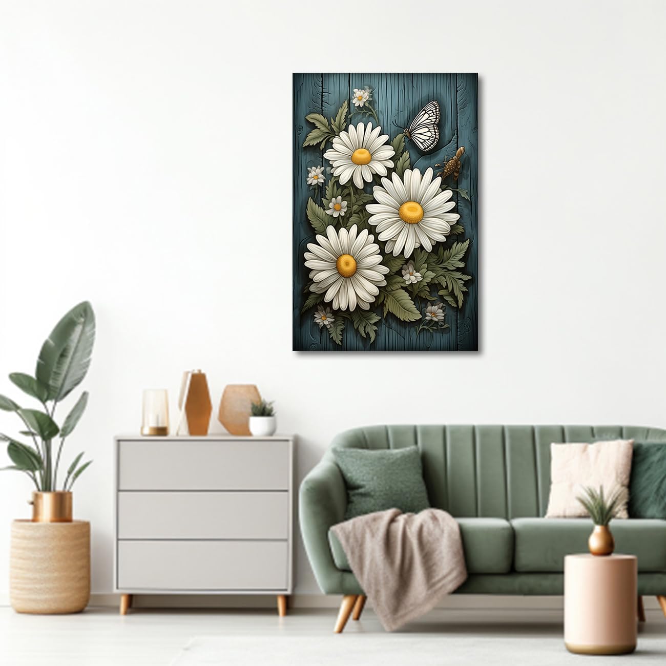 CXHOSTENT Farmhouse Flowers Canvas Wall Art, Daisy Flower Butterfly on Rustic Wood Background Painting