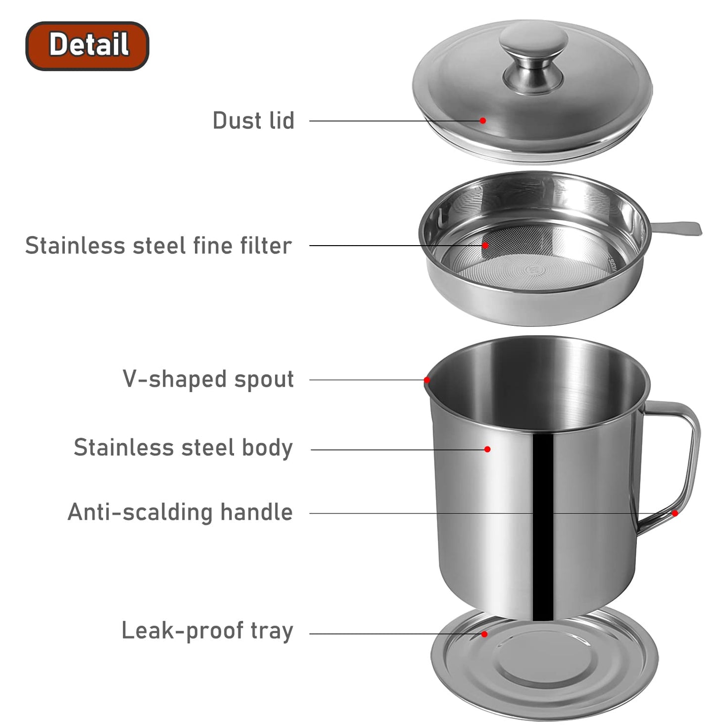 Tellshun Bacon Grease Container with Strainer 1.8 L / 60 oz Kitchen Catcher Food-grade Stainless Steel Cooking Oil Keeper with Lid and Easy-Grip Handle Suitable for Storing Frying Oil