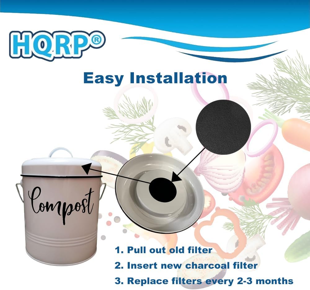HQRP 6-Pack Charcoal Filters for Compost Bucket, 6.7 Inch Round Filter for Kitchen Countertop Pail