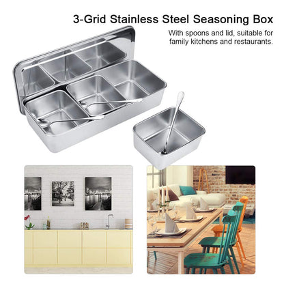 Hapivida Stainless Steel Seasoning Box, 3 Compartment Dispenser Container with Lid Food Serving Display Container Serving Tray Large Capacity Kitchen Condiment Storage Silver