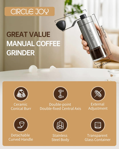 CIRCLE JOY Mini Manual Coffee Grinder with 40 External Adjustable Settings and Ceramic Conical Burr, Portable Stainless Steel Hand Coffee Grinder for Home and Travel