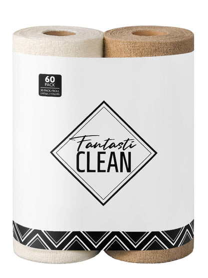 Fantasticlean Microfiber Cleaning Cloth Roll -60 Pack, Tear Away Microfiber Towels, 12" x 12", Reusable, Washable, Scratch Free, Ultra Absorbent Dishcloth for All-Around Cleaning (Beige & Tan)
