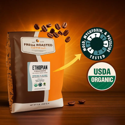 Fresh Roasted Coffee, Organic Ethiopian Yirgacheffe Whole Bean Coffee, Light Roast, USDA Organic, 3rd Party Tested for Mold, Mycotoxin & Pesticides, Kosher, 12 oz