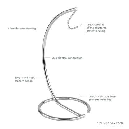 Spectrum Euro Modern Chrome Banana Hook Stand Metal Holder for Countertop Kitchen Storage Organization Steel Banana Hanger with Sturdy Base for Stable Fruit Ripening of Standard and Large Bunches