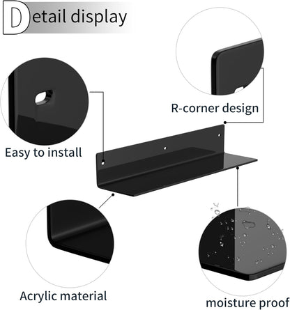 16 Inches 2 Pack, 4'' Sezanrpt Black Acrylic Wall Shelves L Shape Floating Shelf, Acrylic Corner Shelf for Model Car