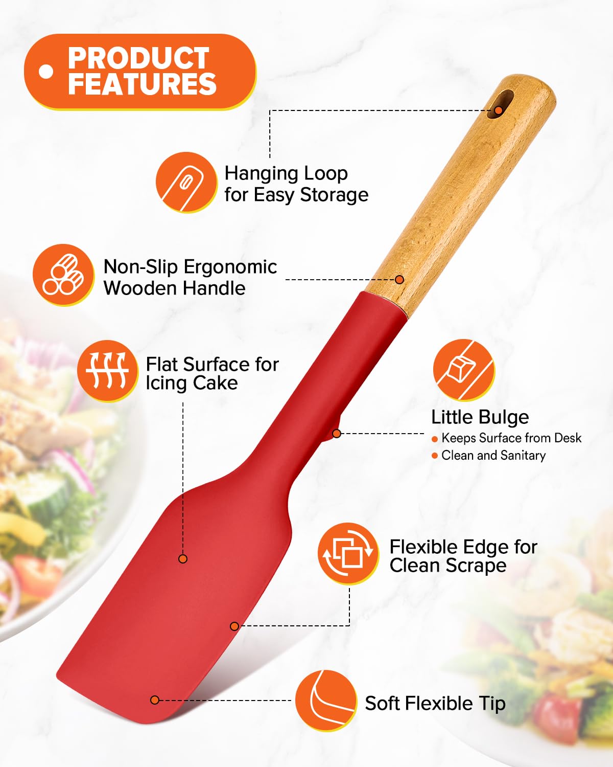 Silicone Spatula Spoon Set, Great for Mixing, Folding, Scraping, and Spreading, Sturdy BPA-Free Matte Silicone, Wooden Handle Rubber Spoonula for Nonstick Cookwares,4 Pack (RED)