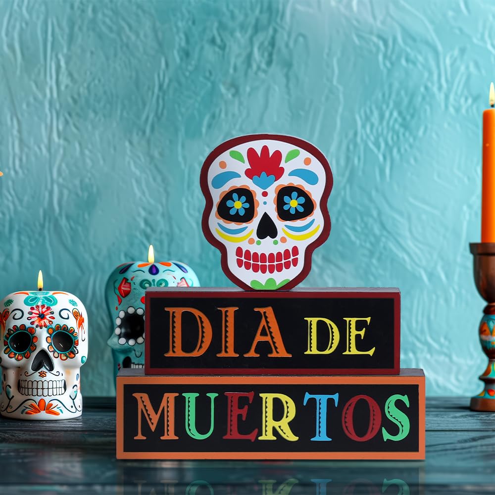 DECSPAS Day of the Dead Decorations, Wood Block Sugar Skull Dia De Los Muertos Decorations with DIA DE MUERTOS Sign, 3-Layered Wooden Skeleton Decor for Altar, Ofrenda, Home, Table, Mexican Fiesta