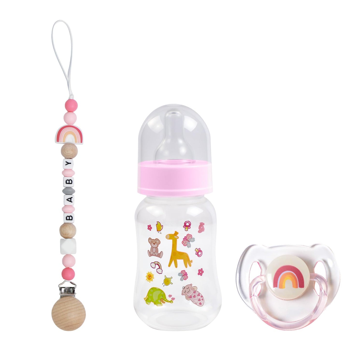 SCOM Reborn Baby Doll Accessories Set - Rainbow Silicone Pacifier Clips & Magnetic Pacifiers & Removable Reusable Baby Doll Bottles for Reallife Realistic Reborn Dolls Girls, Pink Style, 3 Pcs