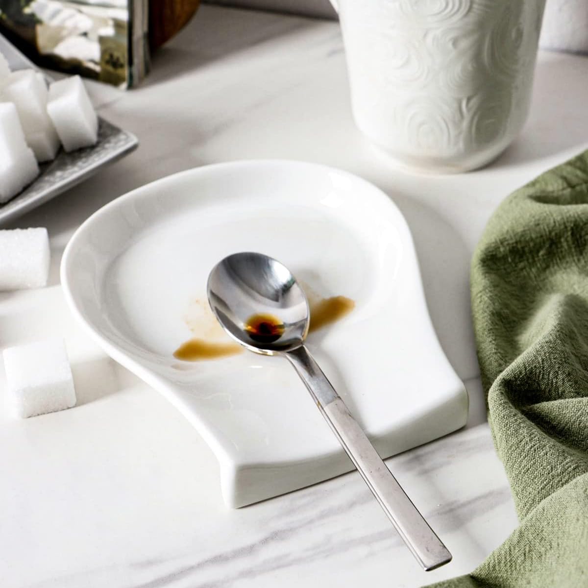 HOMBENE Porcelain Spoon Rest for Kitchen Counter Ceramic Small, 4.5 Inches Ladle Rest, Spoon Holder for Stove Top, Spatula Accessories for Countertop, Set of 4, White