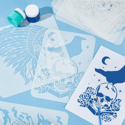 FINGERINSPIRE 10 Pcs Skull Spraying Stencils 8.3x11.7 11.8x11.8 Skeleton Crows Vampire Painting Large Stencil Reusable Horror Theme Big Templates for Porch Sign Door Hanger Holiday Decor